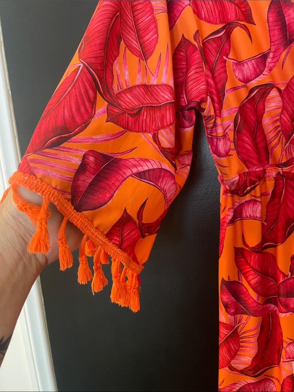 Tropical Print Tassel Kimono Cover-Up Drawstring Waist | Estimated Size M - Picture 3 of 8